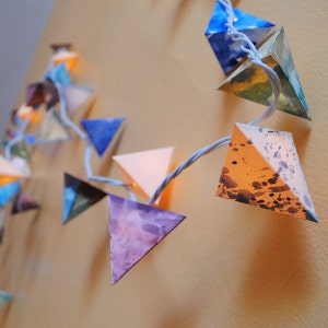 Paper Lantern Garland - RIVER STONES - handmade paper light garland in chocolate, cream, speckle, light purple & watery blues. Nature theme.