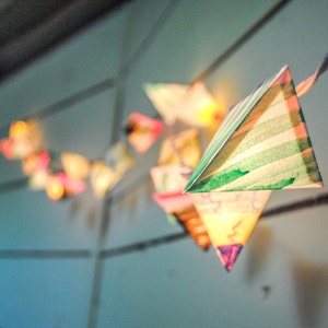 Paper Lantern Lights - ELECTRONS - origami string fairy lights handmade geometric lanterns in pastel green stripes & rose, shocks of yellow