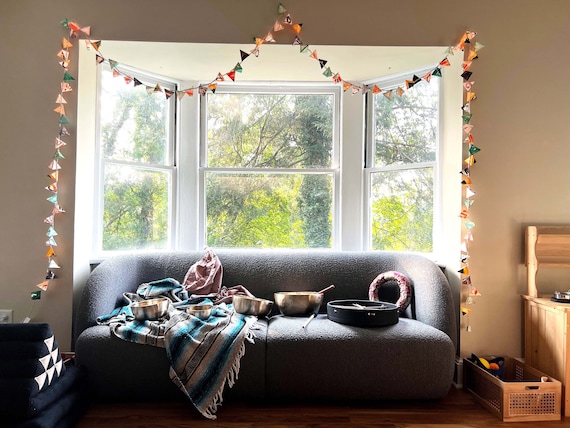 Indoor Hanging Lights - THE BRYOPHYTA - paper lanterns in sage & turmeric light garland with watercolor textures and abstract color blocking