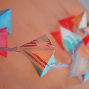 Paper Pyramid Lanterns - APRIL - handmade garland fairy lights in mint, rust, cream, and periwinkle with striped marbling nursery dorm decor