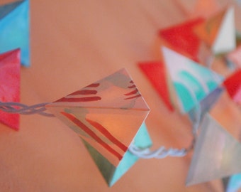 Paper Pyramid Lanterns - APRIL - handmade garland fairy lights in mint, rust, cream, and periwinkle with striped marbling nursery dorm decor