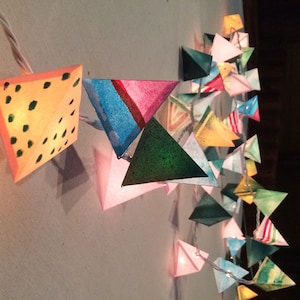 Paper Pyramid Light Garland - RADIOACTIVITY - handmade paper lanterns with emerald dots, stencil stripes, pumpkin, white, sage, blue & cream