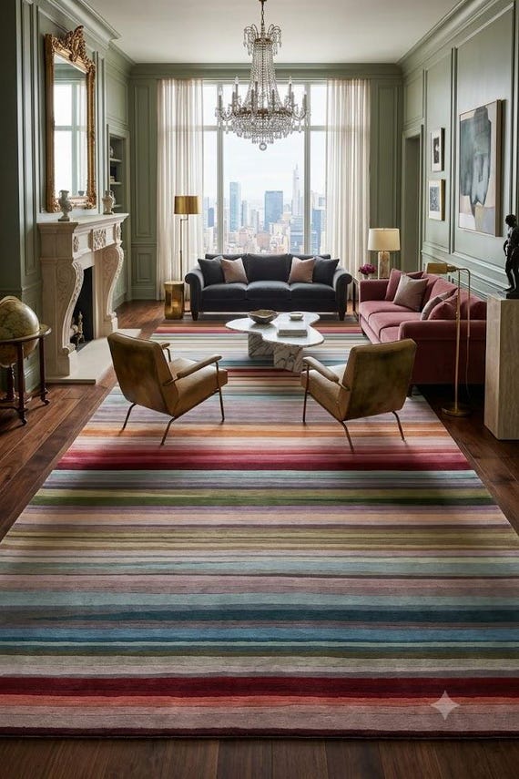 Hand Tufted Wool Rug, Mid Century Rug, Multicolor Stripe Area Rug, Cool Modern Carpet, Colorful Handmade Wool Rug, Custom Size