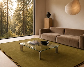 Hand Tufted Olive Green Wool Rug, Minimalist Area Rug, Modern Border Rug, Contemporary Handmade Carpet, Custom Living Room Rug