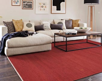 Alfombra Dhurrie de lana tejida a mano, alfombra minimalista rojo óxido, Gabbeh moderno de tejido plano indio