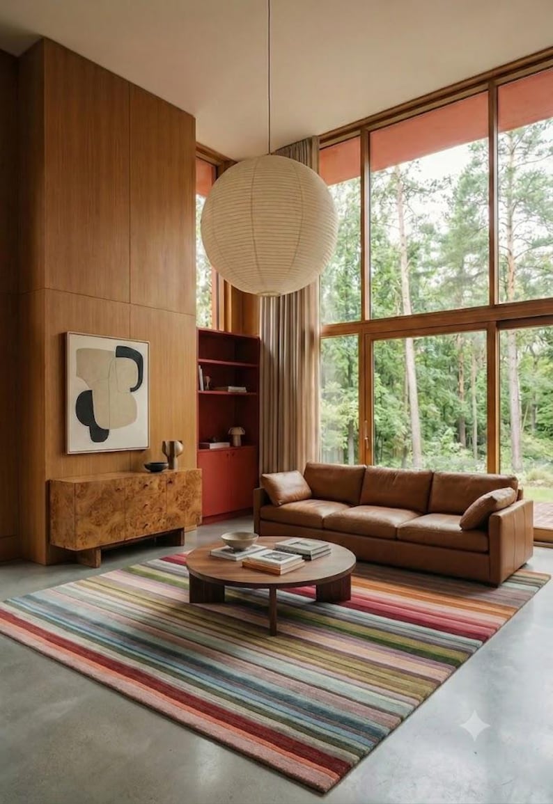 May include: A large rectangular area rug featuring horizontal stripes in various colors including red, green, blue, and beige. The rug is placed on a concrete floor in a living room with a brown leather sofa, a round wooden coffee table, and wood walls.
