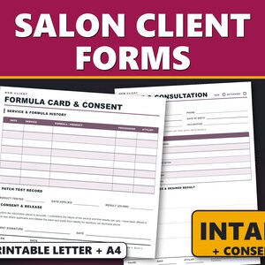 Puede incluir: Dos formularios de cliente de salón en papel blanco con texto negro y detalles en morado. Los formularios se titulan Formula Card & Consent y Consultation. Los documentos incluyen campos para el historial de servicios y firmas del cliente.