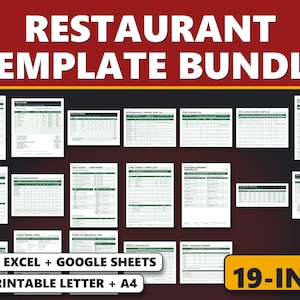 Puede incluir: Un paquete de plantillas digitales para restaurantes que incluye 19 documentos con encabezados verdes y blancos. La colección contiene listas de verificación, registros y formularios para Excel, Google Sheets y formatos imprimibles A4.
