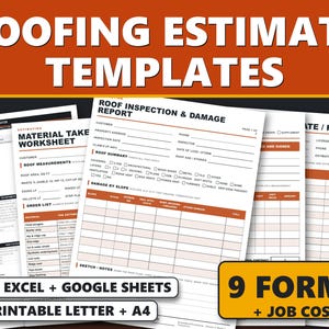 May include: A collection of roofing estimate templates including a roof inspection and damage report, material takeoff worksheet, and job cost calculator. The documents feature orange headers and text, available in Excel, Google Sheets, and printable formats.