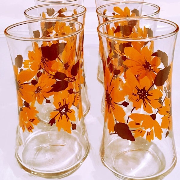 Drink Glasses Set water glass tumblers 6 orange and coffee brown flowered bar glassware