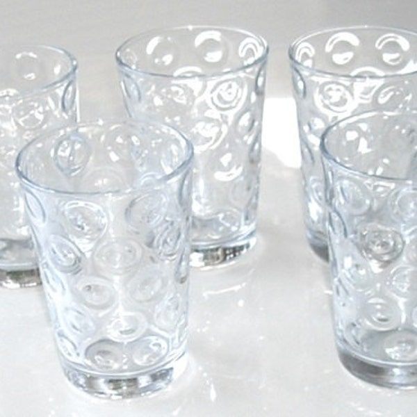 Vintage Thumbprint Juice Glasses, Set of 5 glassware, 6 ounce glasses, clear glass, dot design