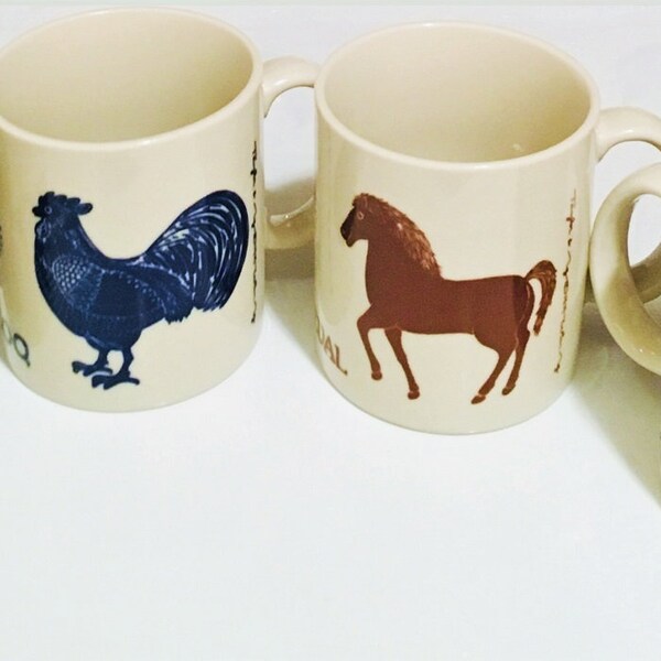 French Farmhouse Mugs 4 Western style coffee cups farm animals with French names vintage kitchenware