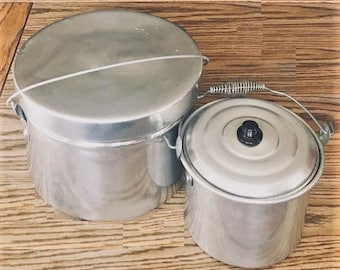 Aluminum Camping Cookware, rustic farm kitchenware, cabin pots and pans, scouts mess kit, biscuit baking pan