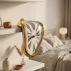 Op de afbeelding: Een goudkleurige wandklok met een vervormd, smeltend uiterlijk die over de rand van een plank hangt. De wijzerplaat is wit met zwarte Romeinse cijfers en zwarte wijzers, gevat in een gebogen, glanzende gouden lijst die een vloeibare vorm nabootst.