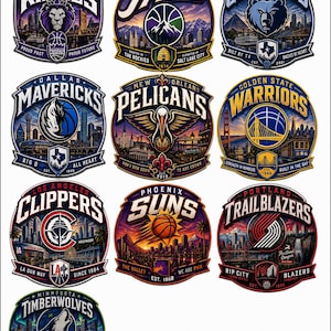 Peut inclure: Une collection de dix logos d'équipes de basket-ball circulaires représentant les Sacramento Kings, Utah Jazz, Memphis Grizzlies, Dallas Mavericks, New Orleans Pelicans, Golden State Warriors, Los Angeles Clippers, Phoenix Suns, Portland Trailblazers et Minnesota Timberwolves.