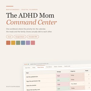 Planificador para mamás de niños con TDAH (Excel y Google Sheets) / Organizador de prioridades basado en la energía, bloques de tiempo semanales, plan de comidas, tabla de tareas / Digital e imprimible