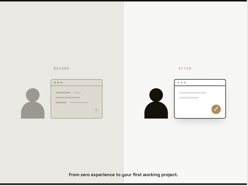 May include: A split-screen graphic showing a before and after comparison. The left side labeled BEFORE features a gray silhouette and a browser window with a question mark. The right side labeled AFTER shows a black silhouette and a browser window with a checkmark icon. The text reads: From zero experience to your first working project.
