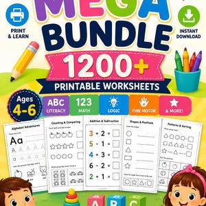 Pode incluir: Um recurso educativo digital intitulado Kindergarten Mega Bundle 1200+ Printable Worksheets para idades de 4 a 6 anos. O gráfico apresenta ícones coloridos, um lápis, lápis de cor e folhas de exercícios de exemplo sobre alfabetização e matemática.