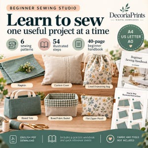 Könnte beinhalten: Eine digitale Nähanleitung mit dem Titel Beginner Sewing Studio mit 6 Schnittmustern, 54 Schritten und einem 40-seitigen Handbuch. Das Bild zeigt eine Serviette, einen Kissenbezug, einen Beutel, eine Tasche, einen Stoffkorb und ein Etui.