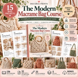 May include: A book titled The Modern Macrame Bag Course featuring 15 bag projects, step-by-step instructions, knot maps, and illustrations. The cover displays a beige macrame handbag with wooden handles and a tassel, surrounded by various bag designs.