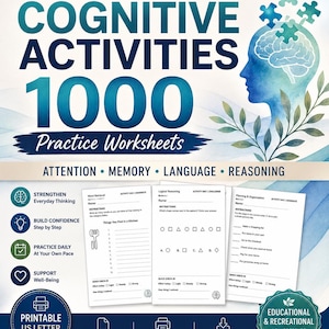 May include: A digital product cover titled ADULT COGNITIVE ACTIVITIES 1000 Practice Worksheets. It features a blue watercolor human head silhouette with puzzle pieces, three sample worksheets, and icons for attention, memory, language, and reasoning.