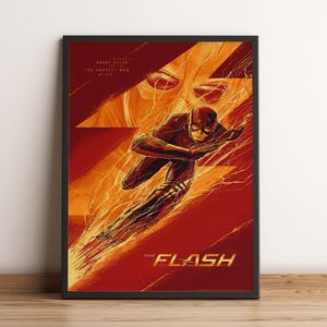 May include: A framed poster featuring The Flash in a red suit running through yellow lightning streaks. The text reads: My name is Barry Allen and I am the fastest man alive. The Flash title is printed in yellow at the bottom of the red background.