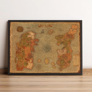 May include: A rectangular framed wall map of Azeroth featuring a weathered, parchment-style background. The map displays two large continents, Kalimdor and Eastern Kingdoms, with intricate terrain details, a central whirlpool, and text labels.