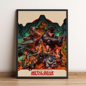 Puede incluir: Un póster enmarcado que presenta un collage de personajes de Metal Gear Solid. La obra muestra varias figuras en poses de combate, incluyendo un soldado central con una bandana y un ninja cíborg. El texto Metal Gear Solid está abajo.