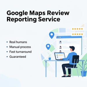 Può includere: Un grafico con il testo Google Maps Review Reporting Service, che elenca le caratteristiche Real humans, Manual process, Fast turnaround e Guaranteed. Un'illustrazione mostra una persona alla scrivania che usa un portatile con segnaposti.