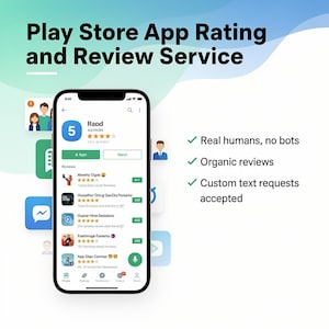 以下が含まれることがあります： 5つ星評価のPlayストアアプリページを表示するスマートフォン。画面には星評価付きのユーザーレビューリストが表示されています。右側のテキストには「Real humans, no bots, Organic reviews, Custom text requests accepted」と記載されています。