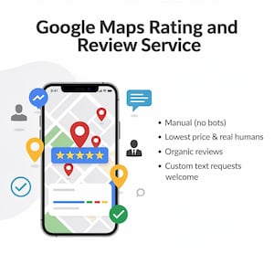 Puede incluir: Un gráfico digital titulado Google Maps Rating and Review Service que muestra un teléfono inteligente con un mapa, pines de ubicación rojos y amarillos, y una calificación de cinco estrellas. Incluye puntos sobre servicio manual y reseñas orgánicas.