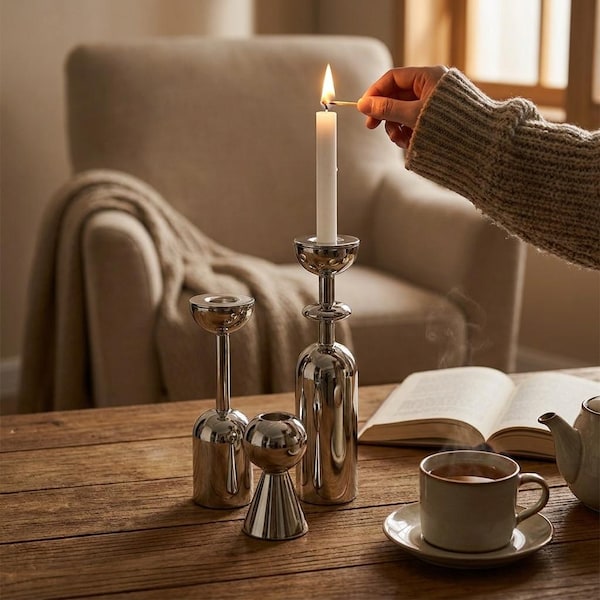 Modern Metal Candle Holder Set, Sculptural Table Centerpiece, Geometric Design (Set of 3)