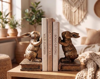 Puede incluir: Un par de sujetalibros de conejo color bronce, cada uno con un conejo sentado sobre una base rectangular con forma de libro. Entre los dos conejos hay tres libros en posición vertical con los títulos Wild Flowers, Sacred Spaces y Boho Living.
