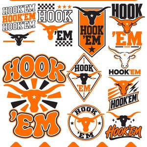 May include: A digital collection of twelve graphic designs featuring the text HOOK'EM and longhorn steer silhouettes in orange, black, and white. The designs include various shapes like shields, circles, and diamonds, with file formats listed at the bottom.