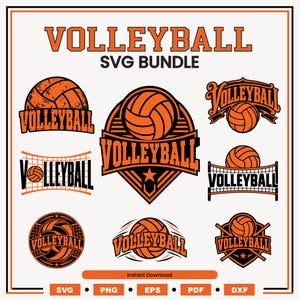 Paquete de archivos SVG de voleibol / 10 diseños deportivos retro / Gráficos para camisetas de voleibol / Imágenes prediseñadas de logotipos de equipos, PNG, EPS, DXF, PDF / Descarga digital instantánea