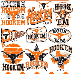 May include: A digital collection of twelve graphic designs featuring longhorn steer heads and the text HOOK'EM in various orange and black layouts, including pennants, stars, circles, and a map of Texas, with file formats SVG, PNG, EPS, PDF, and DXF.