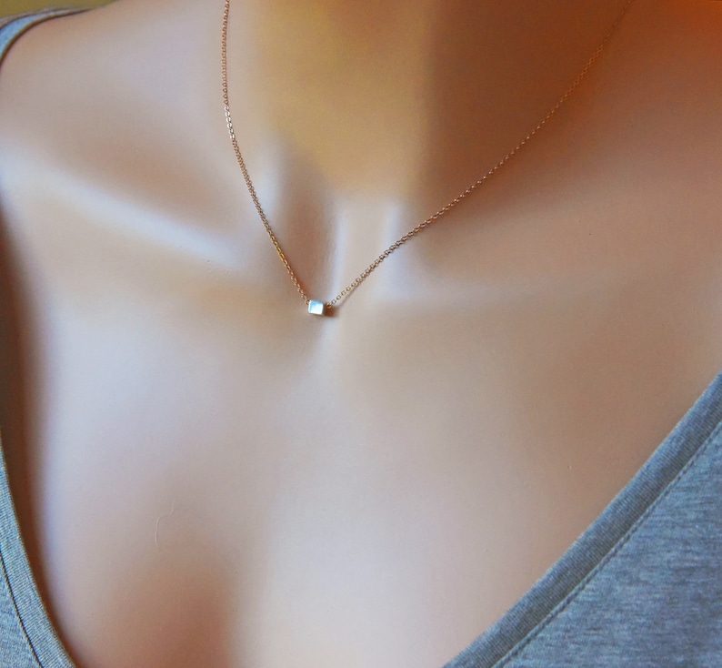 Silver Cube Bead Necklace Dainty Everyday Necklace Layering Minimalist Jewelry Womens Jewelry Gift Silver or Gold Chain image 1