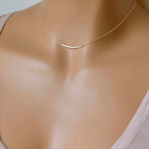 Dainty Curved Tube Bar Necklace, Minimalist Everyday Necklace, Layering Choker Necklace, Gift for Her, Gold, Silver, Rose Gold