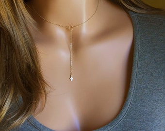 Collier petite croix, lariat croix en or délicat, lariat minimal, cadeau foi, cadeau de confirmation, collier en Y, remplissage d'or 14 carats, argent sterling