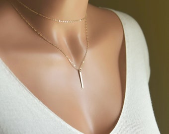 ミニマリストネックレス2点セット、シンプルチェーン、バーネックレス、彼女へのプレゼントに最適、スターリングシルバー、14Kゴールドフィルド、ローズゴールドフィルド