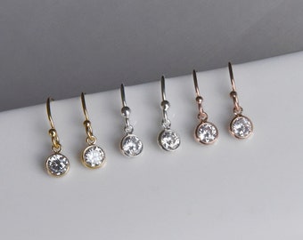 Elegant Cubic Zirconia Pendant Drops, CZ Solitaire Earrings, Dainty CZ Dangles, 14K Gold Fill, Sterling Silver, Rose Gold