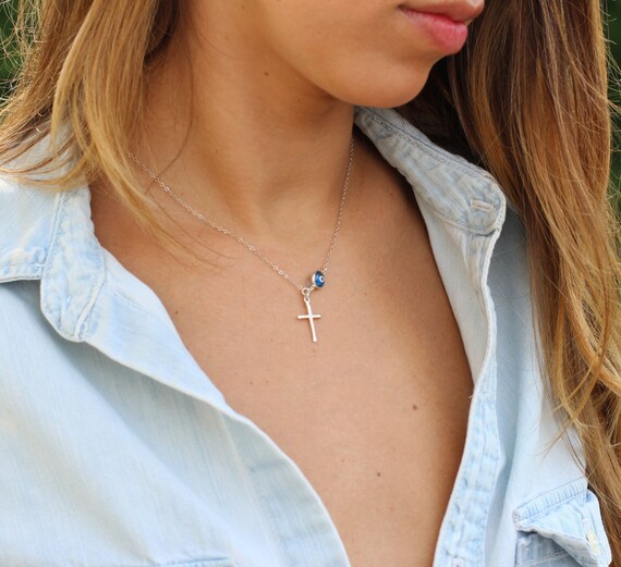 Protection Jewelry, Evil Eye Necklace, Karma, Spiritual, Silver Cross Necklace, Sideways Necklace, Unique Gift for her
