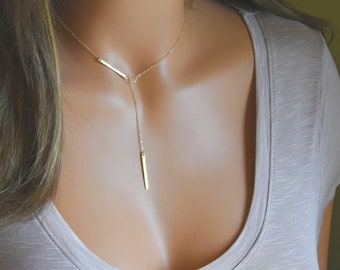 Elegant Gold Lariat Necklace, Customized Silver Lariat, Gold Y Necklace, Bar Necklace, Sterling Silver, 14k Gold Fill