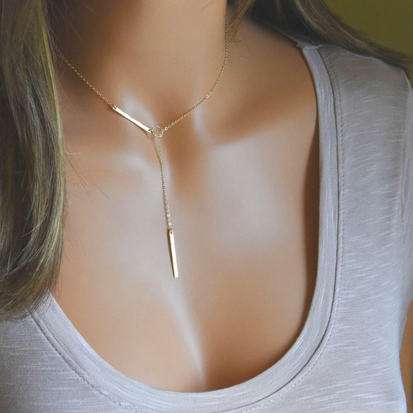 Elegant Gold Lariat Necklace, Customized Silver Lariat, Gold Y Necklace, Bar Necklace, Sterling Silver, 14k Gold Fill