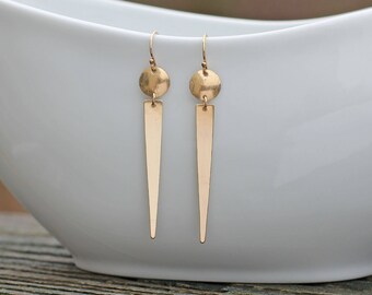 Long Gold Spike Earrings, Sexy Unique Dangles, Disc Earrings, Drop Earrings, Unique Jewelry, Gold Fill, Sterling Silver, Rose Gold