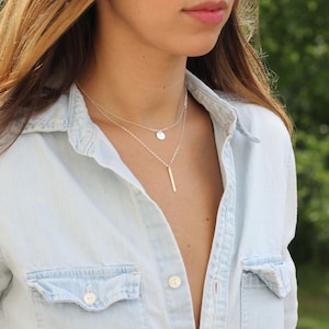 Layered Necklace Set, 2 Separate Necklaces, Personalized Initial Disc & Skinny Vertical Bar, Customized Gift for Her,