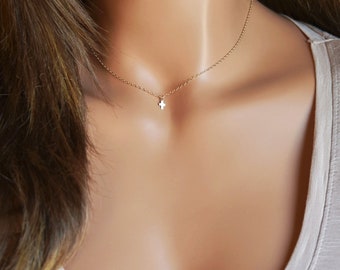 Teeny Tiny Cross Pendant Necklace, Faith Gift, Minimalist Everyday Necklace in Sterling Silver, 14k Gold Fill or Rose Gold