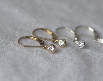 Elegant CZ Solitaire Earrings, Dainty Cubic Zirconia Pendant Drops, Lever Back CZ Dangles, 14k Gold Fill, Sterling Silver