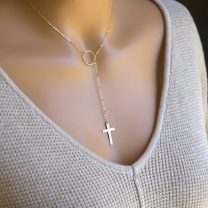 Eternity Cross Lariat, Minimalist Y Necklace, Faith Gift, Confirmation Gift, Catholic Gift, Sterling Silver, 14k Gold Fill