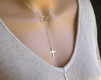 Gold Cross Lariat, Eternity Circle, Cross Y Necklace, Unique Faith Gift, Confirmation Gift, Sterling Silver, 14k Gold Fill